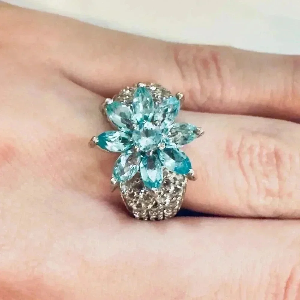 Aquamarine & White Topaz Platinum\Sterling Silver Ring (5.5)